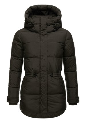 Schwarze Pufferjacke mit hohem Kragen, tailliertem Bund und seitlichen Taschen. Besitzt eine gesteppten Struktur und verstellbare Kordeln an der Kapuze.