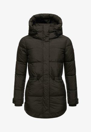 Piumino nero con collo alto, vita sfiancata e tasche laterali. Presenta una texture trapuntata e cordini regolabili sul cappuccio.