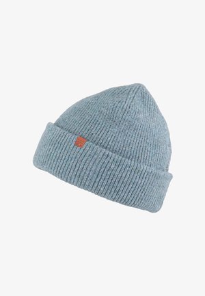 Lichtblauwe gebreide muts met een ribbelstructuur en een omgevouwen boord. Voorzien van een klein bruin leren logo-label aan de zijkant.