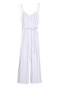Combinaison sans manches en lin blanc avec des rayures verticales bleu clair ; elle présente une ceinture à nouer et des jambes larges, texture lisse.
