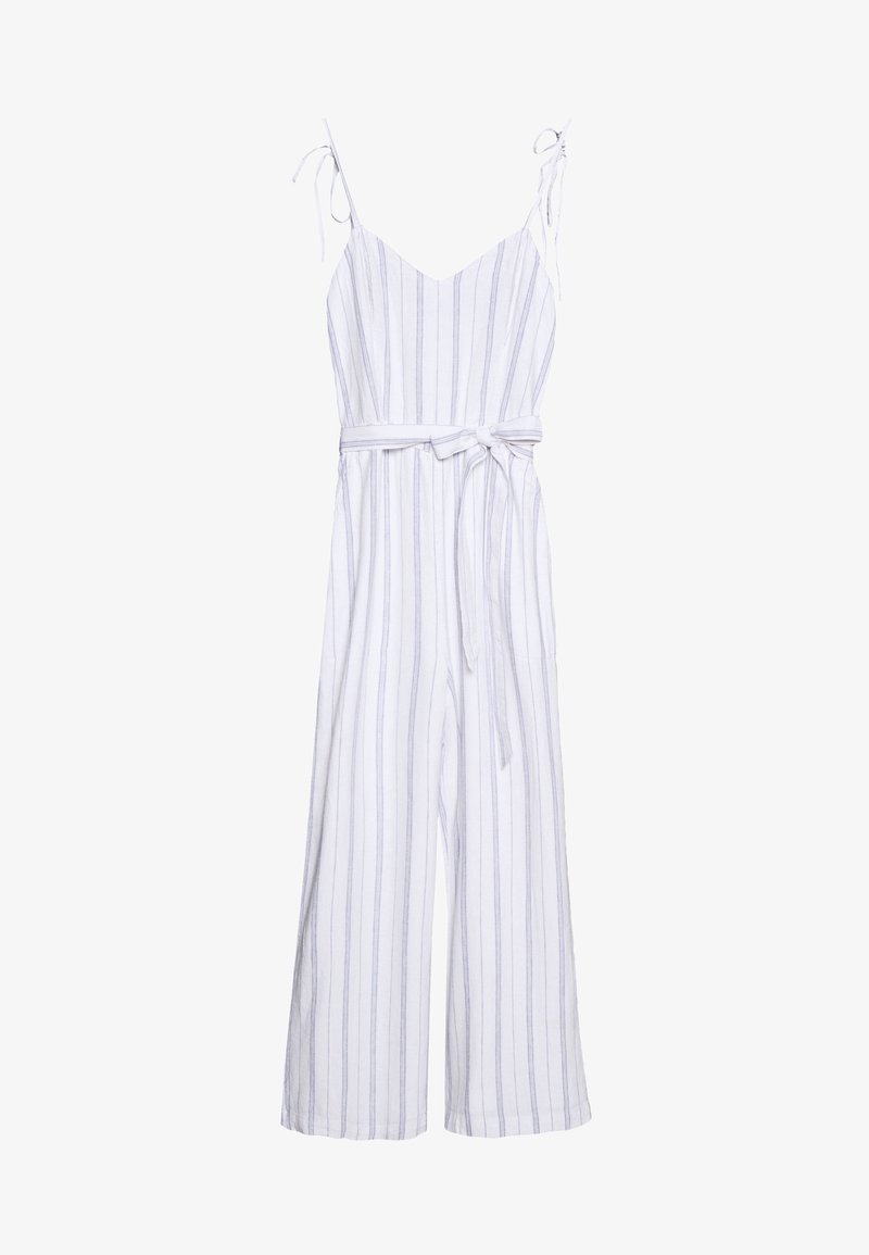 Strapless, linen jumpsuit in white with light blue vertical stripes; features a tie belt and wide legs, smooth texture.