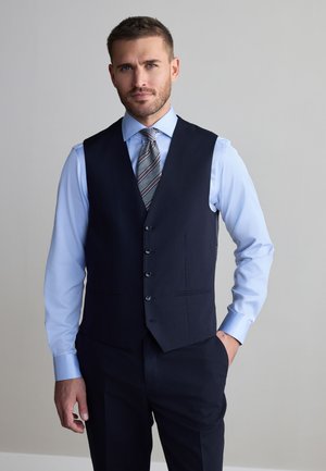 Man met kort haar en baard draagt een blauw overhemd, gestreepte stropdas en donker knoopvest, staande met één hand in zijn zak tegen een effen achtergrond.