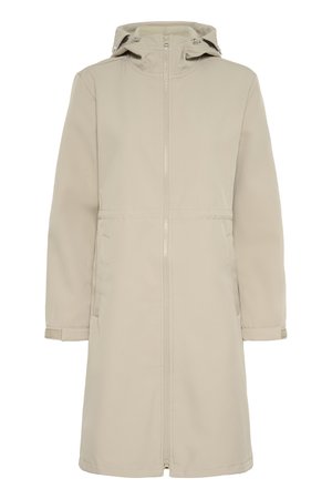 Beige Regenmantel mit Kapuze, Frontreißverschluss, langen Ärmeln, Seitentaschen und gerader Silhouette. Hergestellt aus einem wasserabweisenden Material.