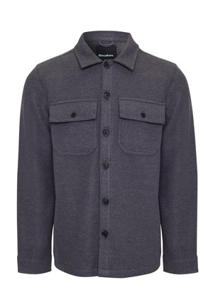 Grijze button-up overhemd van een gestructureerd materiaal, met twee borstzakken, een kraag en zwarte knopen langs de voorkant.