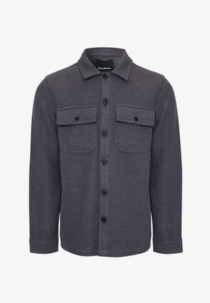 Graues Hemd mit Knopfleiste aus einem strukturierten Material, das zwei Brusttaschen, einen Kragen und schwarze Knöpfe entlang der Vorderseite aufweist.