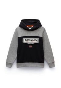 Sweatshirt à capuche en tissu gris et bleu marine, doté d'une poche avant avec un logo graphique et d'un détail du drapeau de Norvège en dessous.