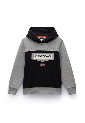 Kapuzensweatshirt aus grauem und marineblauem Stoff, mit einer Vordertasche, die ein grafisches Logo und ein Detail der Norwegenflagge darunter zeigt.