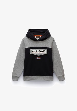 Sweatshirt à capuche en tissu gris et bleu marine, doté d'une poche avant avec un logo graphique et d'un détail du drapeau de Norvège en dessous.