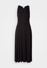 Vestito lungo senza maniche di colore nero con scollatura a chiave, corpino aderente e gonna svasata. Il tessuto ha una superficie liscia con dettagli di cucitura visibili.