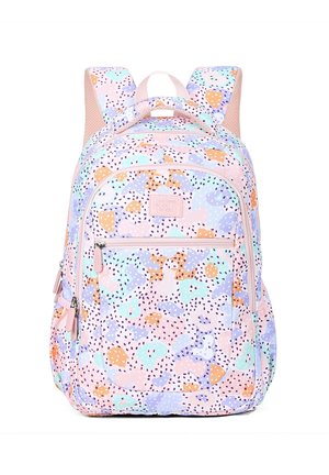 Sac à dos de couleur pastel avec motif abstrait multicolore, poche avant zippée, bretelles rembourrées et poignée supérieure pour le transport.