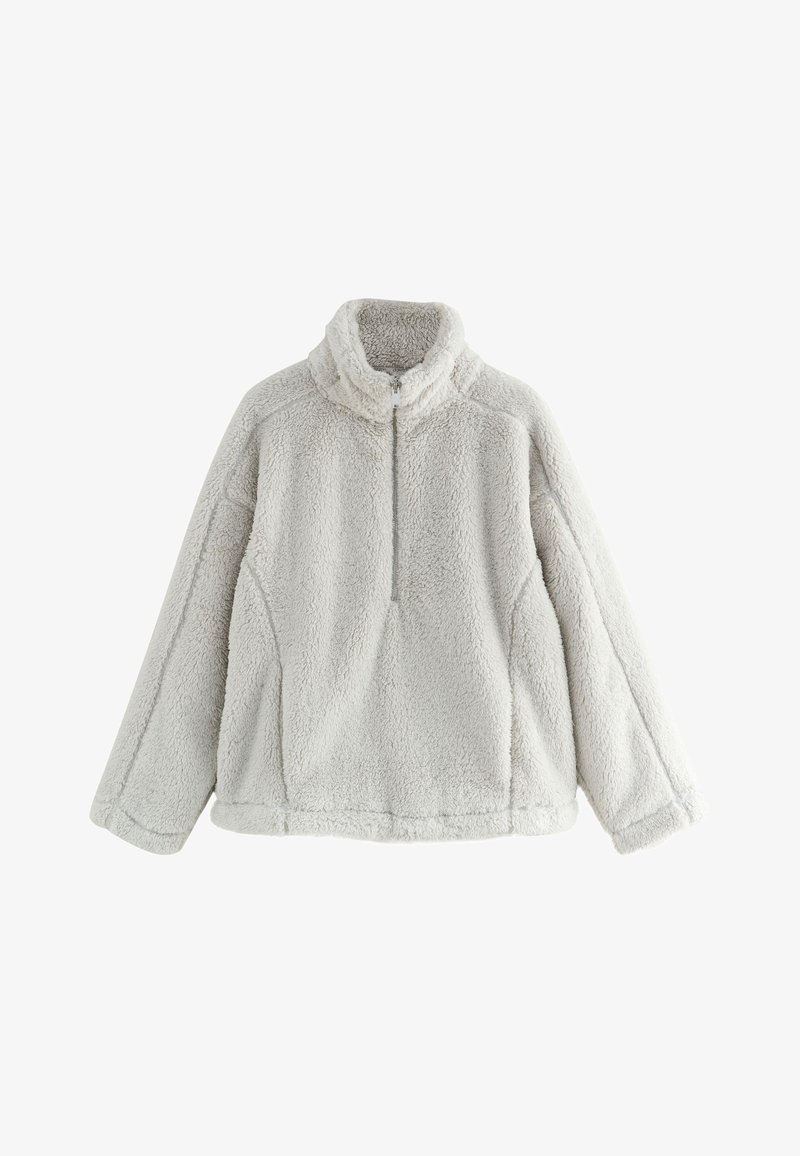 Bluză pulover din fleece plușat gri deschis, cu mâneci lungi, guler ridicat și fermoar scurt în față.