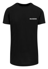 Black short-sleeve t-shirt made of cotton, featuring "MACHERIN" printed in white text on the left chest area. Classic round neckline.