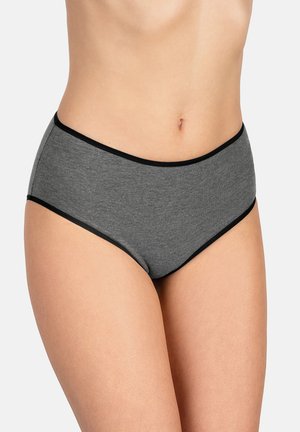 Grijze katoenen slip met een zwarte elastische tailleband en afwerking, met een hoge taille en een gladde, zachte textuur.