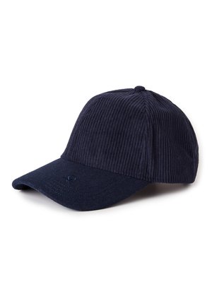 Cappellino da baseball in velluto a coste di un blu navy scuro con visiera curva, tessuto texturizzato e logo in rilievo sul fronte. Design semplice con dettagli a coste.