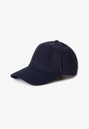 Dunkelblaues Cord-Cap mit gebogenem Schirm, strukturierter Stoff und eingeprägtem Logo auf der Vorderseite. Einfaches Design mit gerippten Details.