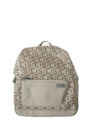 Zaino beige con motivo ripetuto del logo "GCDS", tasca frontale con zip e logo metallico "GCDS" sulla tasca.