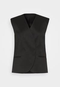 Svart ermeløs blazer med innpakningsdesign, med to frontlommer og en ren, glatt tekstur. Skreddersydd silhuett.