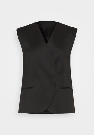 Black sleeveless blazer with a wrap design, featuring two front pockets and a clean, smooth texture. Tailored silhouette.