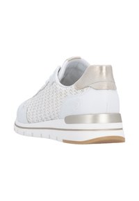 White athletic shoe with a woven upper, metallic accents, padded collar, and textured sole. Features a contrasting gold heel detail.