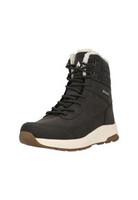 Bottes de randonnée en cuir gris foncé avec des accents en feutre gris, une doublure blanche et une semelle en caoutchouc beige. Elles sont dotées d'un laçage et d'œillets renforcés.