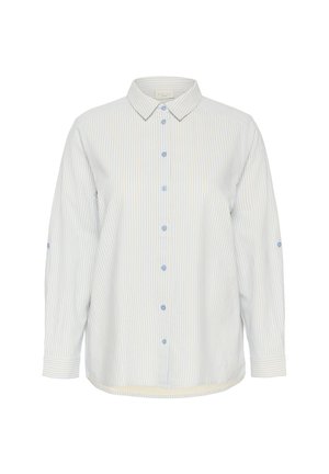 Camicia a maniche lunghe a righe blu chiaro e bianche, con colletto e bottoni blu, realizzata in un morbido tessuto testurizzato.