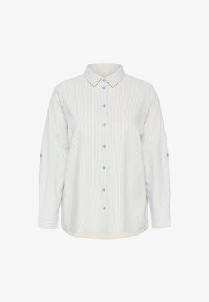 Gaiši zils un balts svītrots krekls ar pogām, ar apkakli, garām piedurknēm un zilām pogām, izgatavots no mīksta, teksturēta auduma.