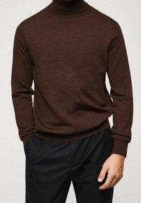 Maglione a collo alto marrone con una texture a coste, maniche lunghe e design aderente, abbinato a pantaloni scuri. Stile minimalista.