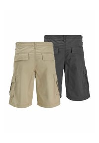 Shorts cargo en coton de couleur beige et noire, avec des poches latérales, des poches arrière et une coupe décontractée. Tissu durable avec une texture lisse.