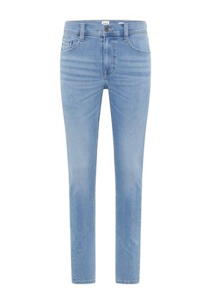 Jasnoniebieskie dżinsy w wąskim kroju, z pięcioma kieszeniami i delikatnym przecieraniem. Posiadają zapięcie na guzik i szlufki na pasek.