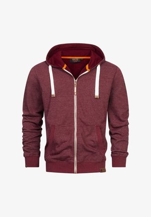 Bordeauxkleurige zip-up hoodie met een capuchon, witte trekkoorden, oranje accenten, ribgebreide manchetten en twee voorzakken. Glad materiaal met een gestructureerde afwerking.