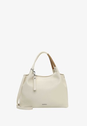 Kreemivärvi nahast käekott valgete ja pruunide kahetekstuuriliste sangade, hõbedaste detailide ja eemaldatava õlapaelaga.