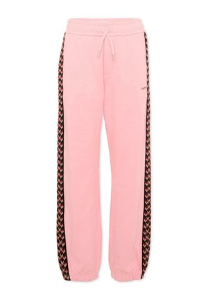 Roze joggingbroek met elastische taille en boorden, met zwart-rode zigzagstrepen langs de zijkanten en een trekkoord in de taille.