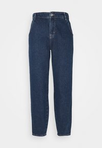 Tmavě modré džíny z denimu s vysokým pasem, rovnými nohavicemi a pětikapsovým střihem. Mají zapínání na knoflík a zip.