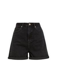 Shorts en denim noir avec ourlets roulés, taille haute et design à cinq poches. Présentent une fermeture à bouton à l'avant et une finition douce et texturée.