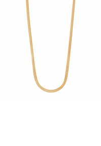 Naszyjnik z metalizowanej złotej stali o gładkim, zaokrąglonym kształcie. Posiada cienki, płaski łańcuszek o subtelnej teksturze na całej d ługości.