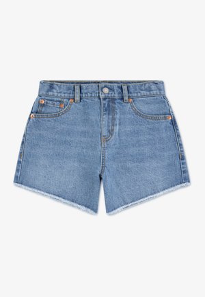 Siniset farkkushortsit, joissa on rispaantuneet reunat, viisi taskua, kupariset niitit ja vetoketjullinen haarakiinnitys. Kevyt kangas ja klassinen leikkaus.