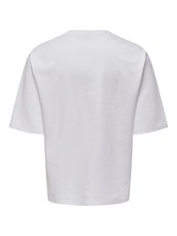 Λευκό βαμβακερό t-shirt, σε oversized εφαρμογή, με στρογγυλή λαιμόκοψη, κοντά μανίκια, λεία υφή, μινιμαλιστικός σχεδιασμός, χωρίς εμφανές λογότυπο ή σχέδια.