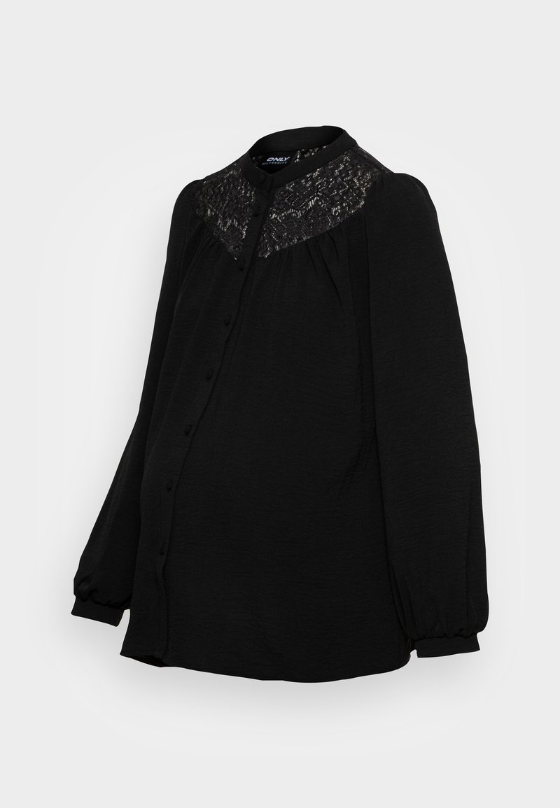 Black maternity blouse made of lightweight fabric with a lace yoke, button-down front, and long sleeves with elastic cuffs.