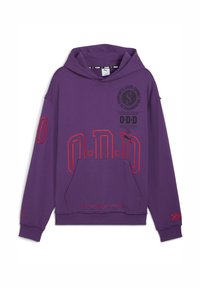 Felpa viola con un ampio design grafico rosso, tasca frontale e logo Puma. Il testo include "OVD" e "Overly Determined to Dominate."