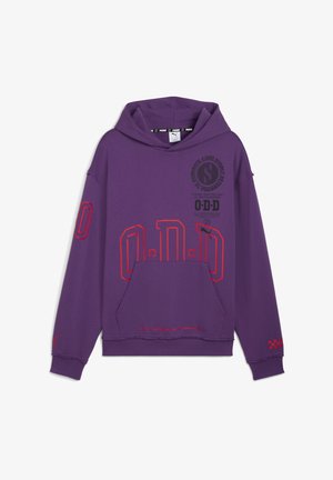 Purple hoodie featuring a large red graphic design, front pocket, and Puma logo. Text includes "OVD" and "Overly Determined to Dominate."