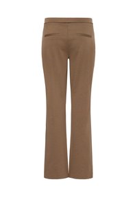 Pantalon marron à coupe droite avec deux poches passepoilées arrière et une ceinture ajustée, présenté de dos sur fond blanc.