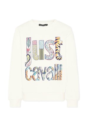 Sudadera blanca con letras coloridas y estampadas que forman "Just Cavalli" en el frente, con diseños florales y de estampado animal.