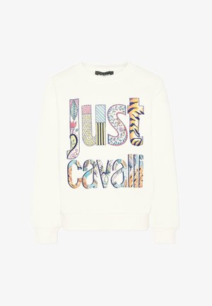 Biała bluza z kolorowymi, wzorzystymi literami tworzącymi napis „Just Cavalli” z przodu, ozdobiona motywami kwiatowymi i zwierzęcymi.