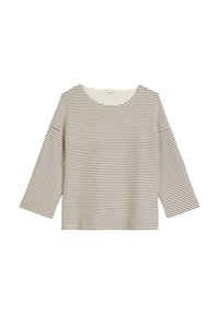 Striped long-sleeve top with a rounded neckline. Made of lightweight fabric, features narrow black stripes on a cream background. Boxy fit.