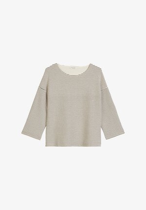 Haut à manches longues rayé avec un col rond. Fabriqué en tissu léger, il présente de fines rayures noires sur un fond crème. Coupe large.