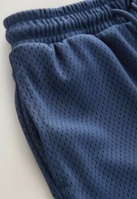 Shorts sportivi blu marino realizzati in tessuto in rete traspirante con piccole perforazioni, dotati di una vita elasticizzata e coulisse.