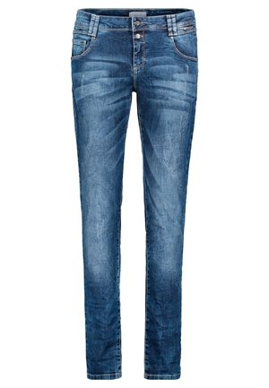 Blå slim-fit jeans med knap og lynlåslukning, for- og baglommer samt diskrete slidte detaljer over det hele.