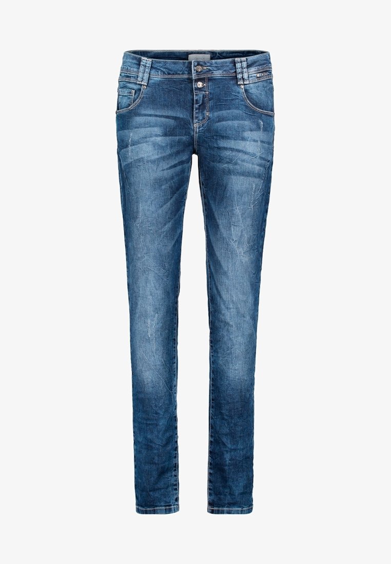 Jean slim bleu avec fermeture à bouton et fermeture éclair, poches avant et arrière, et un léger effet délavé sur toute la surface.