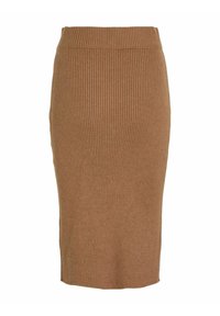 Geribbelde, knielange rok in een warme bruine kleur. Gemaakt van zachte stof met een elastische tailleband voor comfort. Eenvoudig ontwerp, zonder sluitingen.