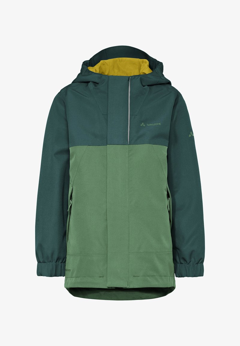 Giacca impermeabile bicolore verde per bambini con cappuccio e fodera interna gialla, chiusura frontale con cerniera coperta da patta antivento e tasche laterali.